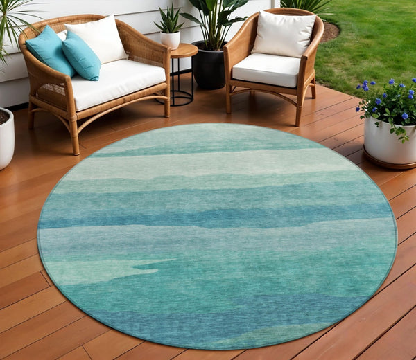HomeRoots 5' Turquoise Striped Area Rug – Durable, Washable, Stylish for Indoor & Outdoor Spaces, Easy Care 8' Round 608153
