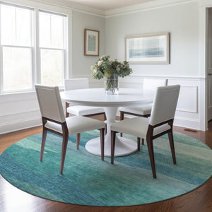 HomeRoots 5' Turquoise Striped Area Rug – Durable, Washable, Stylish for Indoor & Outdoor Spaces, Easy Care 8' Round 608153