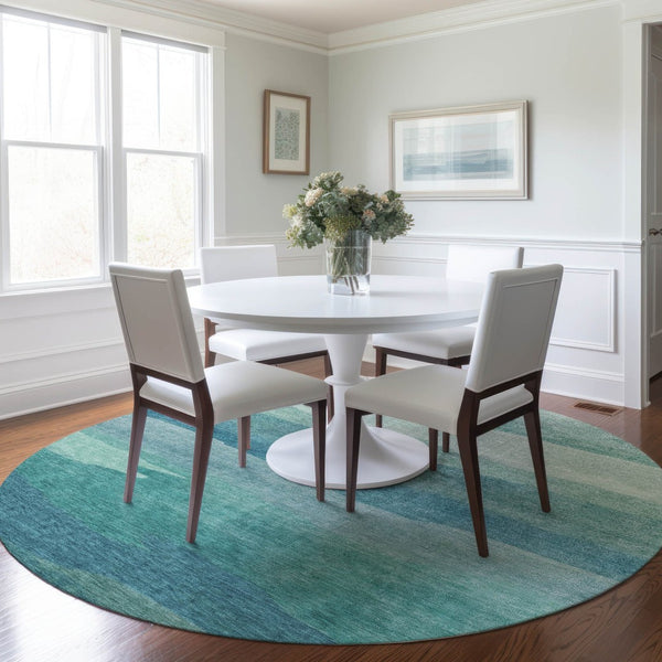 HomeRoots 5' Turquoise Striped Area Rug – Durable, Washable, Stylish for Indoor & Outdoor Spaces, Easy Care 8' Round 608153