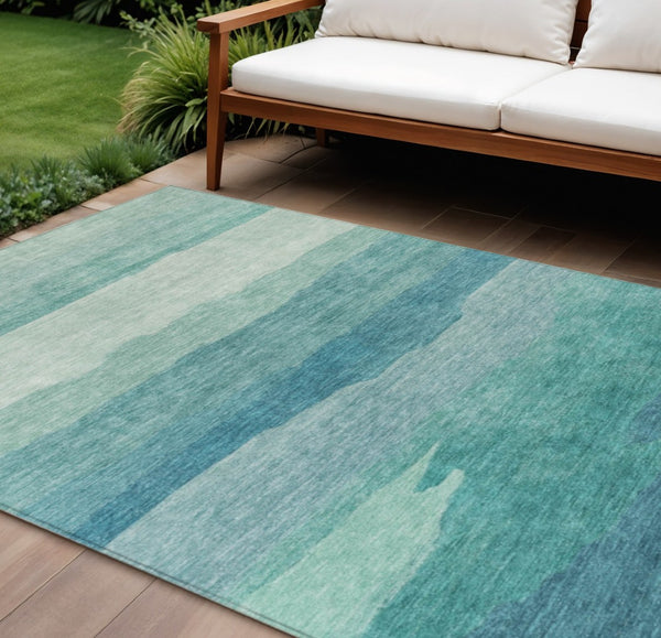 HomeRoots 9' Turquoise Striped Area Rug - Durable, Washable, Indoor/Outdoor Design for Coastal Style Spaces 608155