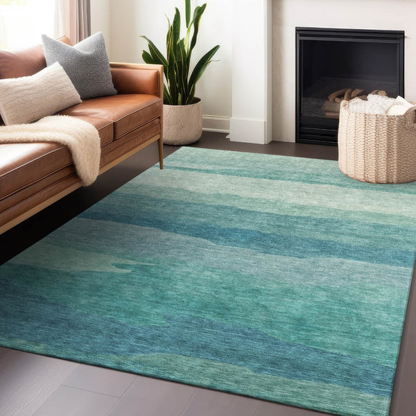 HomeRoots 9' Turquoise Striped Area Rug - Durable, Washable, Indoor/Outdoor Design for Coastal Style Spaces 608155