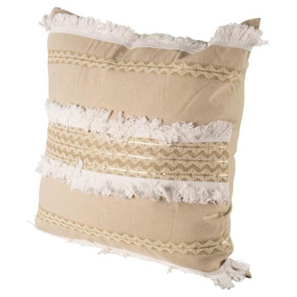 HomeRoots 22" Tan And White Geometric Linen Throw Pillow Cover with Soft Fringe for Stylish Home Decor Refresh 608173
