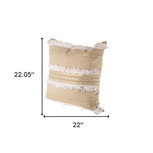 HomeRoots 22" Tan And White Geometric Linen Throw Pillow Cover with Soft Fringe for Stylish Home Decor Refresh 608173