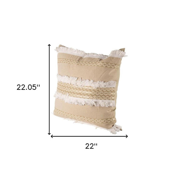 HomeRoots 22" Tan And White Geometric Linen Throw Pillow Cover with Soft Fringe for Stylish Home Decor Refresh 608173