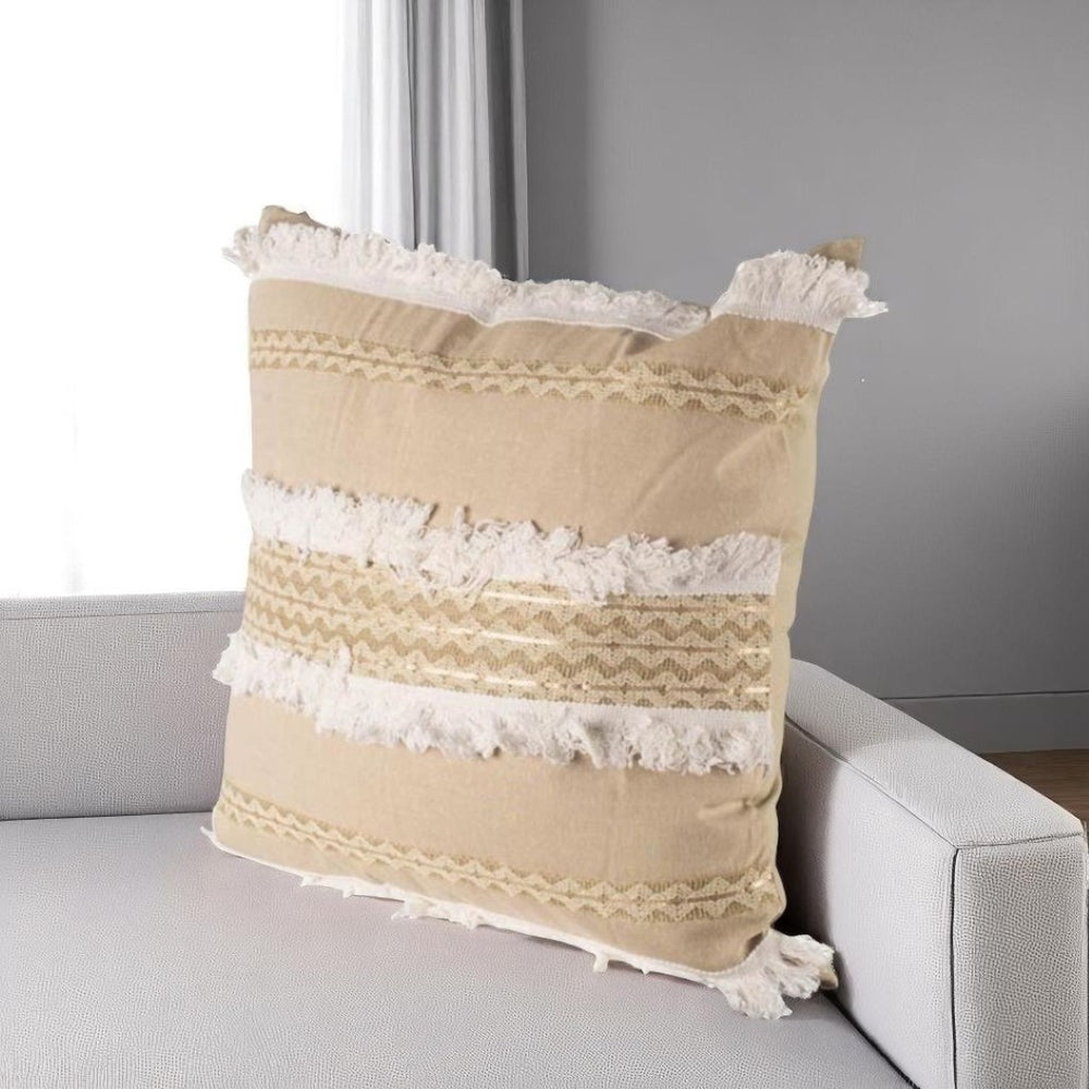 HomeRoots 22" Tan And White Geometric Linen Throw Pillow Cover with Soft Fringe for Stylish Home Decor Refresh 608173