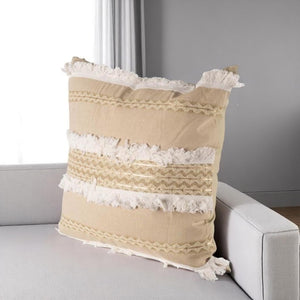 HomeRoots 22" Tan And White Geometric Linen Throw Pillow Cover with Soft Fringe for Stylish Home Decor Refresh 608173