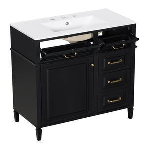 English Elm 36-Inch Bathroom Vanity With Ceramic Sink Top, Adjustable Shelf, And Modern Flip Drawer Design For Storage N725P350849B