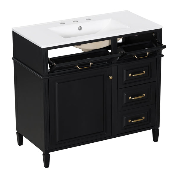 English Elm 36-Inch Bathroom Vanity With Ceramic Sink Top, Adjustable Shelf, And Modern Flip Drawer Design For Storage N725P350849B
