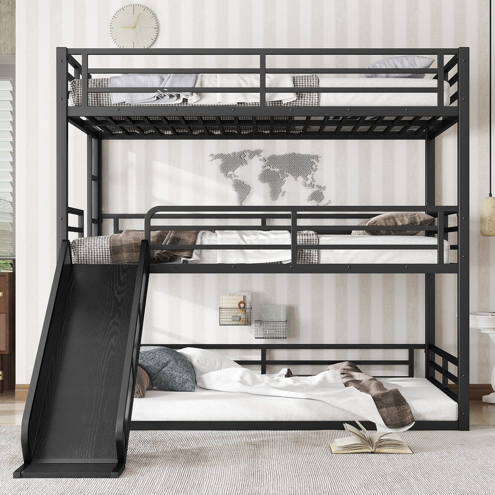 English Elm Full Triple Bunk Bed With Slide - Heavy-Duty Metal Frame, Noise-Reducing Design, Black Finish W1580S00171