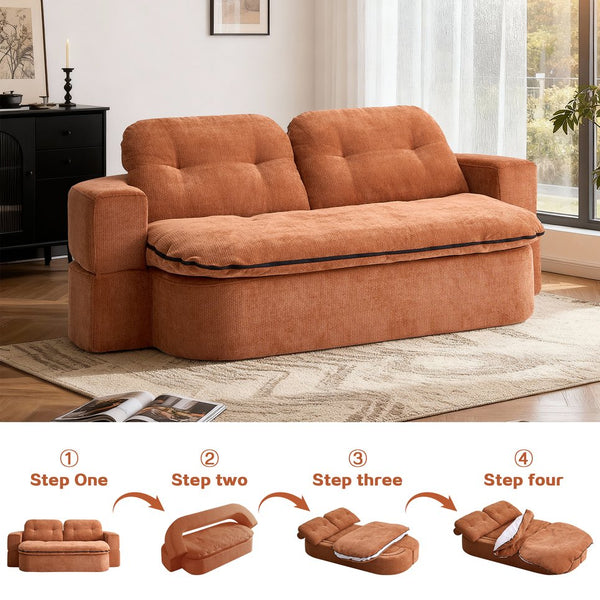 English Elm Modern Floor Sofa with Hidden Quilt & 2 Pillows, Convertible Chenille Foam Sleeper Bed for Small Spaces Caramel W3565P355007