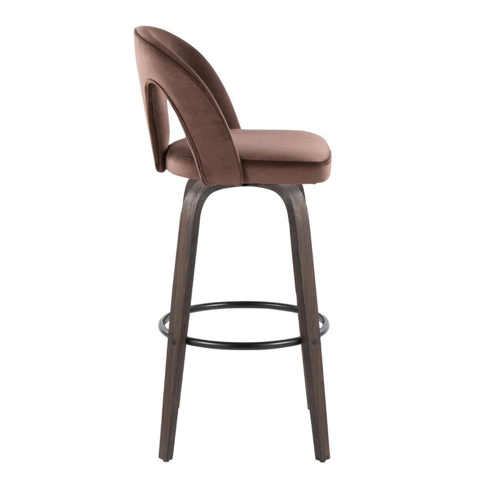 English Elm Fixed-height Swivel Barstools Walnut Bentwood and Velvet Upholstered Seats Set of 2 B202S01886