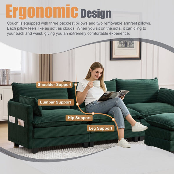 English Elm United We Win Modular Corduroy Sectional with Ottoman Low Profile Living Room Couch Emerald W1568S00257