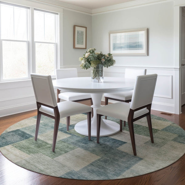 HomeRoots 5' Stylish Blue Geometric Area Rug – Durable, Washable, Indoor/Outdoor Design for Modern Spaces 8' Round 608264