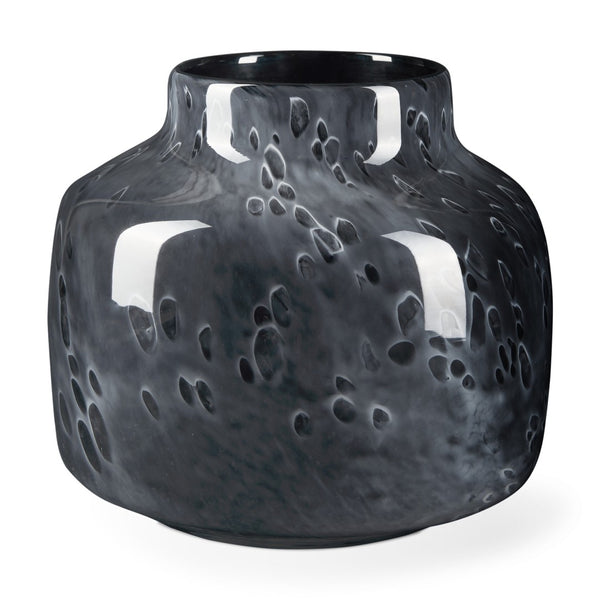 HomeRoots 9" Black Mottled Round Glass Table Vase - Handcrafted Elegance for Modern Home Decor & Floral Arrangements 608283