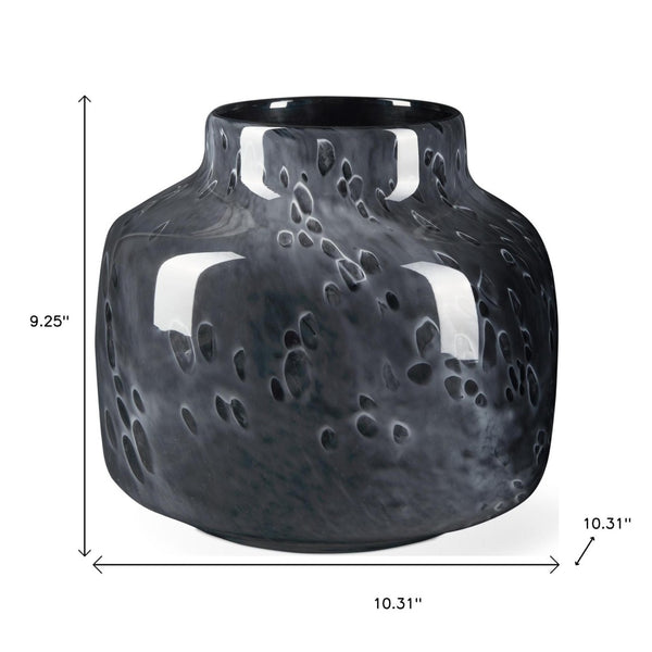 HomeRoots 9" Black Mottled Round Glass Table Vase - Handcrafted Elegance for Modern Home Decor & Floral Arrangements 608283