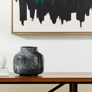 HomeRoots 9" Black Mottled Round Glass Table Vase - Handcrafted Elegance for Modern Home Decor & Floral Arrangements 608283