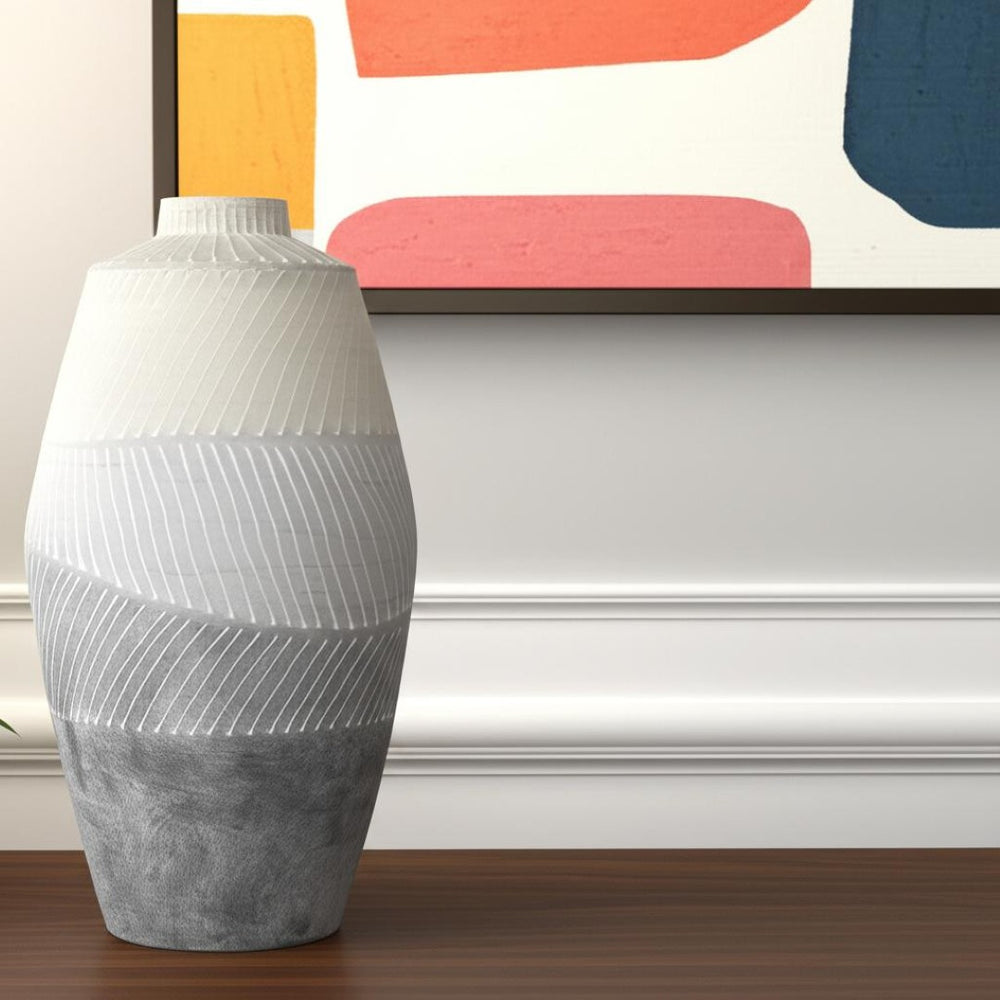 HomeRoots 17" Cream and Gray Geometric Ceramic Table Vase - Modern Decor for Floral Arrangements & Gifts 608291