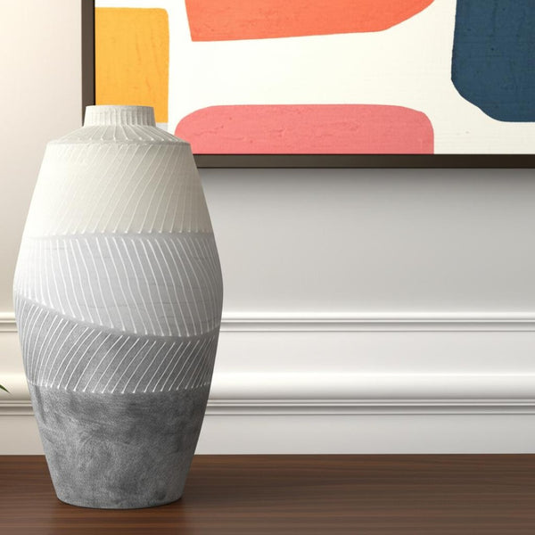 HomeRoots 17" Cream and Gray Geometric Ceramic Table Vase - Modern Decor for Floral Arrangements & Gifts 608291