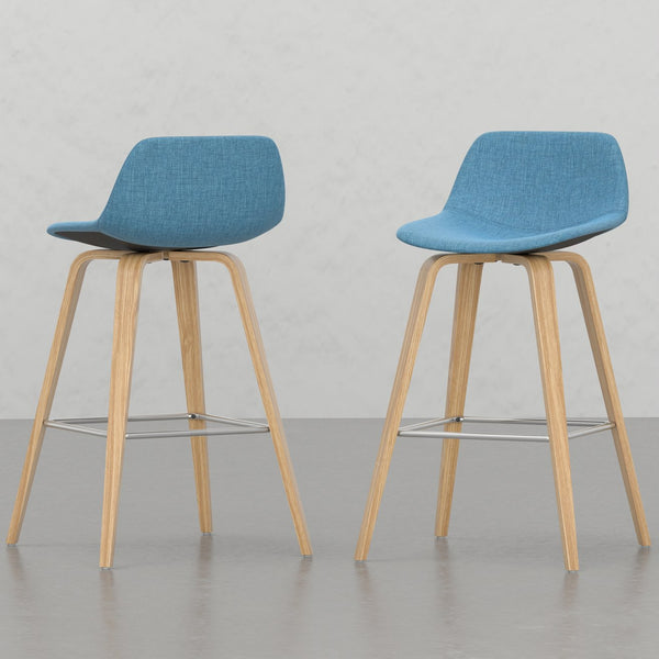 English Elm Harvard Mid-Century Bentwood Counter Bar Stools Set of 2 in Blue Linen Upholstery with Chrome Footrest B2732P253609