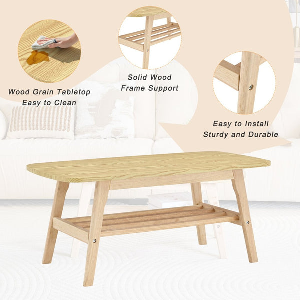 English Elm 39 Inch Solid Wood Coffee Table with Dual Open Shelves for Living Room Storage W2920P407664
