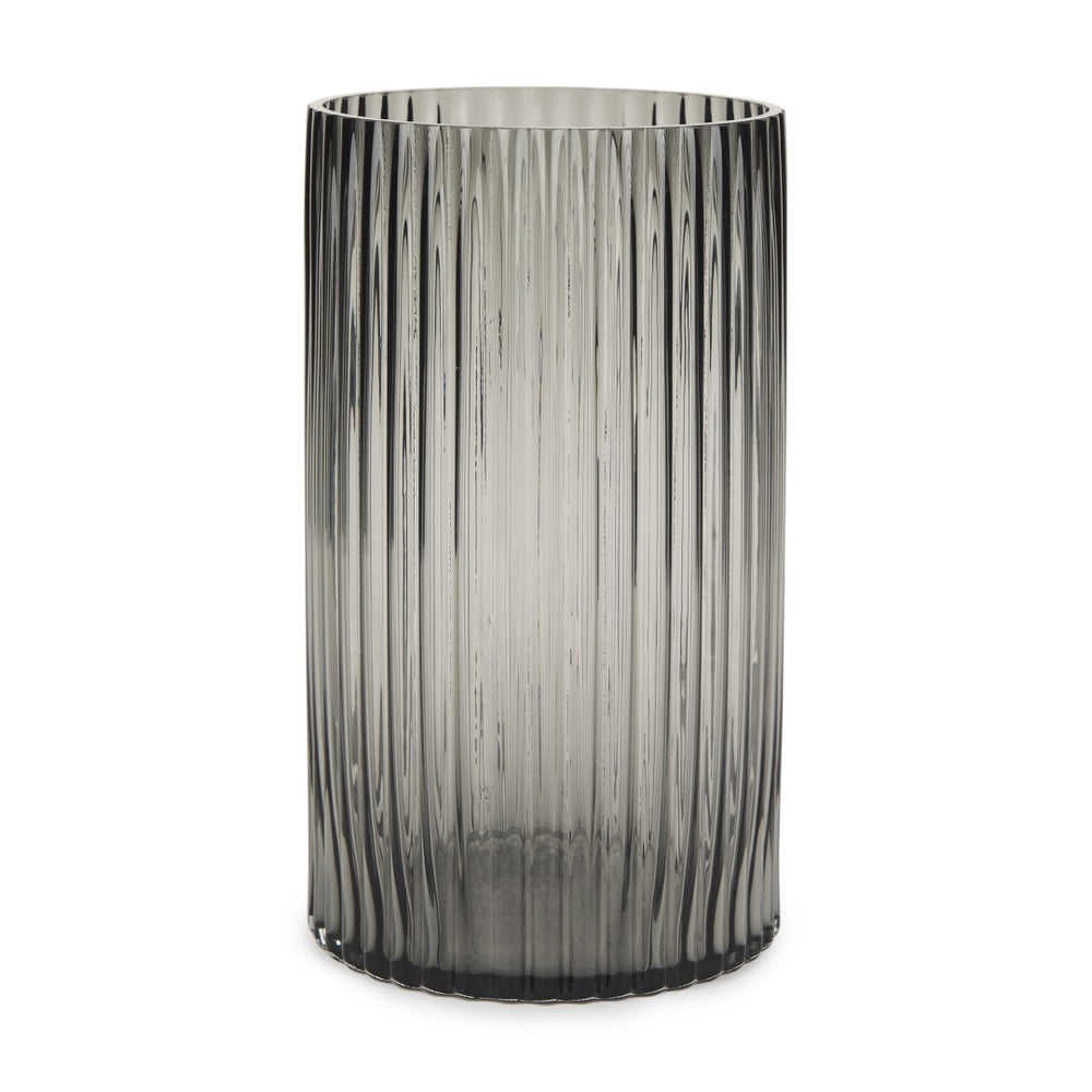 HomeRoots 11" Smoky Black Ribbed Glass Cylinder Vase – Modern Elegance for Floral Arrangements & Décor 608312
