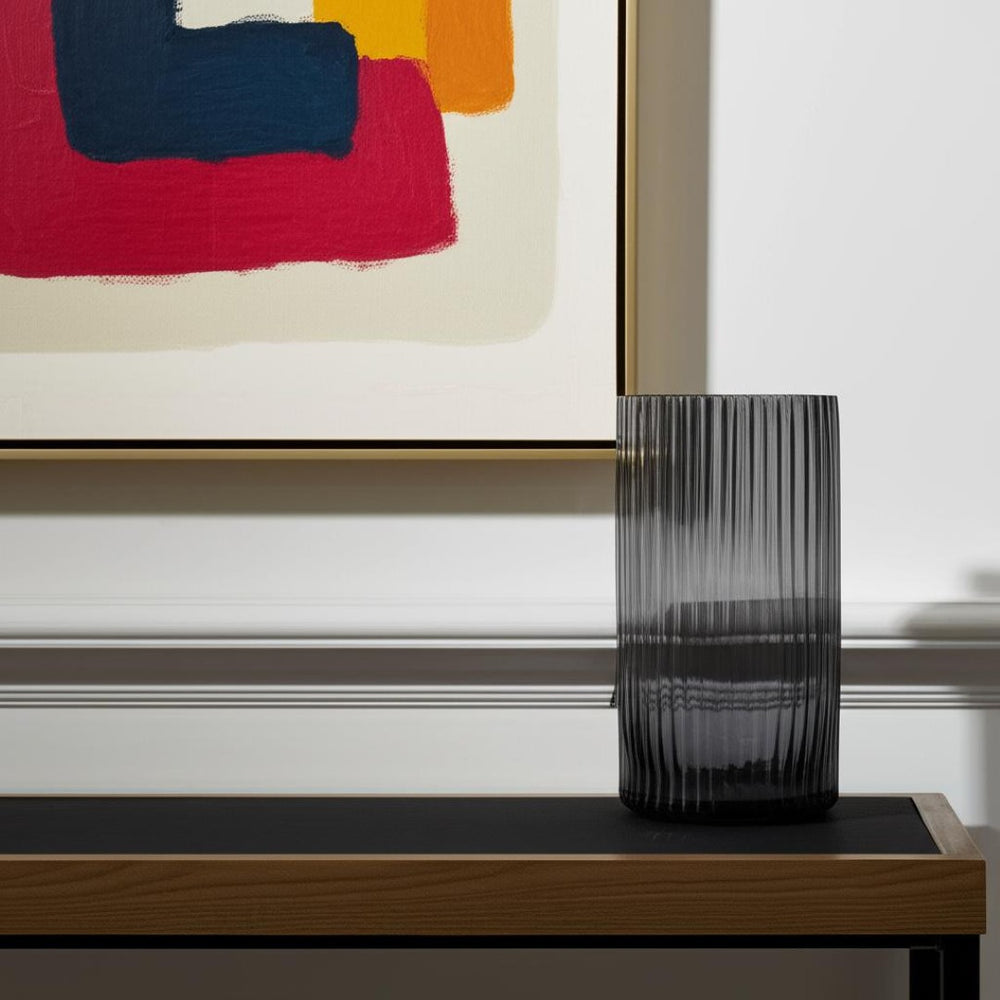 HomeRoots 11" Smoky Black Ribbed Glass Cylinder Vase – Modern Elegance for Floral Arrangements & Décor 608312