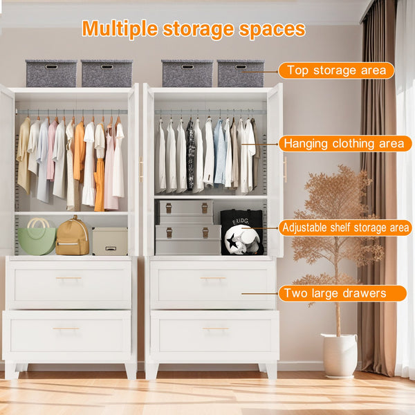 English Elm 71" Tall Metal Wardrobe Cabinet with 2 Drawers, Adjustable Shelf & Hanging Rod — Space-Saving White Closet Organizer W3387P351602