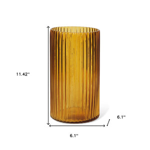 HomeRoots 11" Ribbed Amber Glass Cylinder Table Vase – Modern Accent for Home Decor & Thoughtful Gift Idea 608314