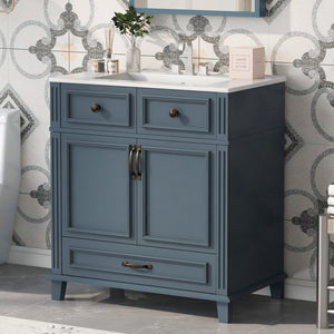 English Elm 30'' Bathroom Vanity with Sink - Retro Solid Wood Frame, Ceramic Basin, Soft-Close Doors & Ample Storage Blue N710P190656C