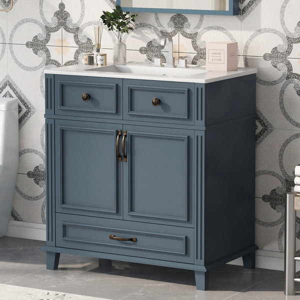 English Elm 30'' Bathroom Vanity with Sink - Retro Solid Wood Frame, Ceramic Basin, Soft-Close Doors & Ample Storage Blue N710P190656C