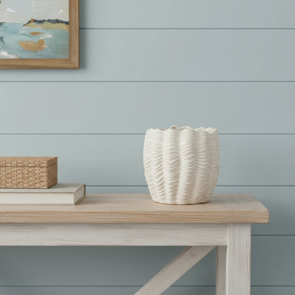 HomeRoots 11" Cream Ceramic Sculptural Waves Vase - Elegant Art Piece for Coastal, Boho, and Modern Decor 608345