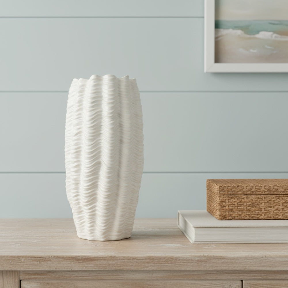 HomeRoots 24" Cream Cylinder Ceramic Vase - Sculptural Waves Design for Modern Home Decor & Centerpieces 608346