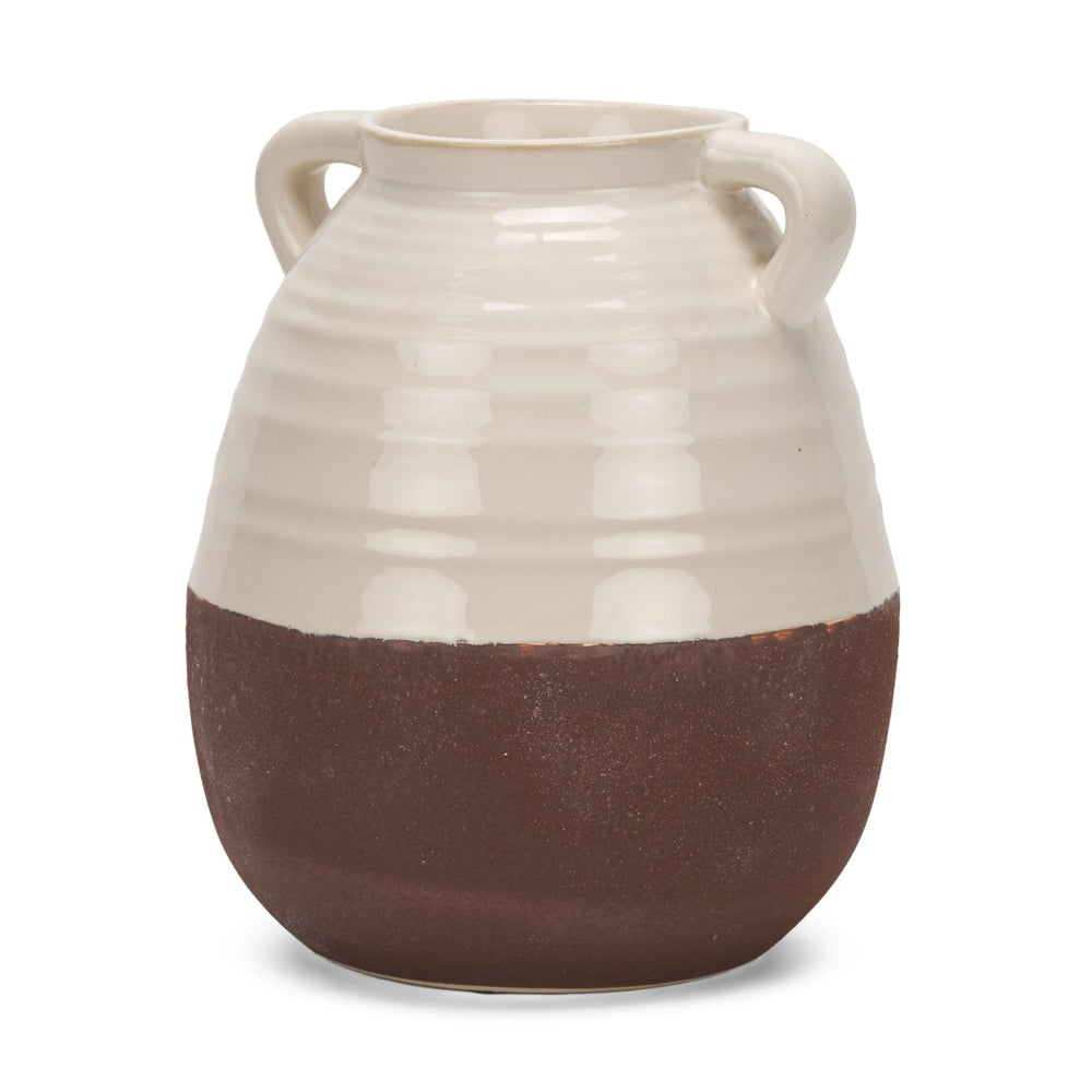 HomeRoots 14" Elegant Handcrafted Brown and Cream Ceramic Amphora Vase – Timeless Mediterranean Charm! 608357