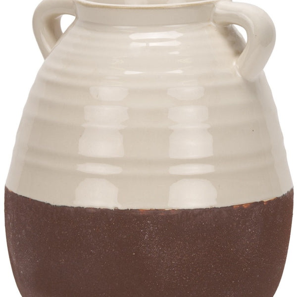 HomeRoots 14" Elegant Handcrafted Brown and Cream Ceramic Amphora Vase – Timeless Mediterranean Charm! 608357