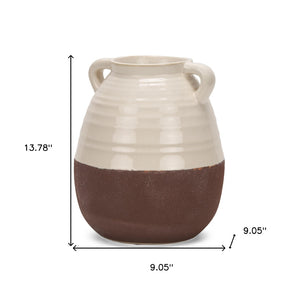HomeRoots 14" Elegant Handcrafted Brown and Cream Ceramic Amphora Vase – Timeless Mediterranean Charm! 608357