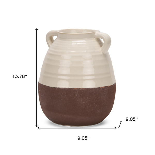 HomeRoots 14" Elegant Handcrafted Brown and Cream Ceramic Amphora Vase – Timeless Mediterranean Charm! 608357