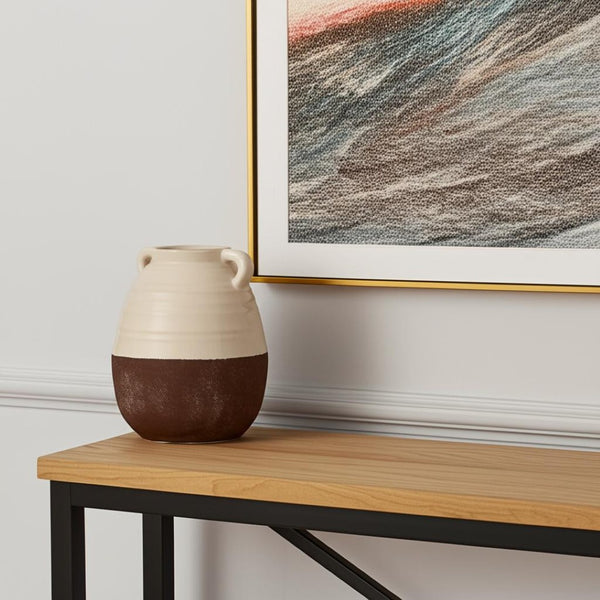 HomeRoots 14" Elegant Handcrafted Brown and Cream Ceramic Amphora Vase – Timeless Mediterranean Charm! 608357