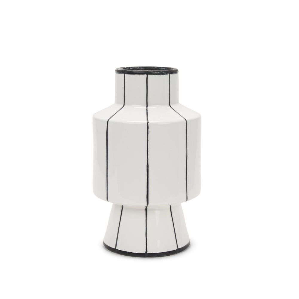 HomeRoots 13" Striking White and Black Striped Ceramic Cylinder Vase - Perfect for Fresh Floral Arrangements! 608358