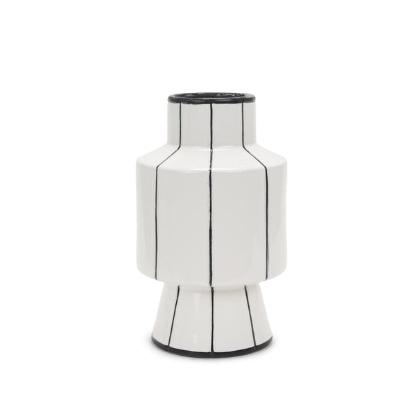 HomeRoots 13" Striking White and Black Striped Ceramic Cylinder Vase - Perfect for Fresh Floral Arrangements! 608358
