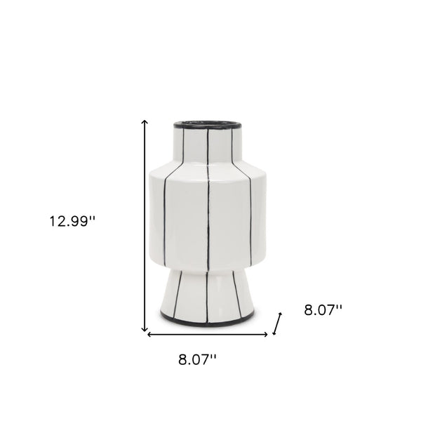 HomeRoots 13" Striking White and Black Striped Ceramic Cylinder Vase - Perfect for Fresh Floral Arrangements! 608358