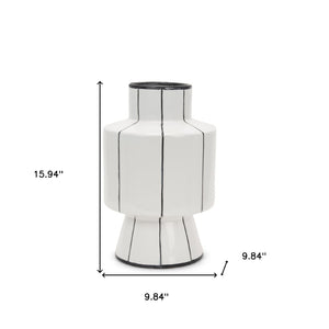 HomeRoots 16" Striking Black and White Striped Ceramic Cylinder Vase for Modern Home Decor & Centerpieces 608359
