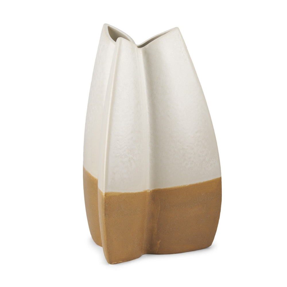 HomeRoots 16" Cream and Beige Color Block Ceramic Vase - Modern Artisanal Design for Stylish Home Decor 608372