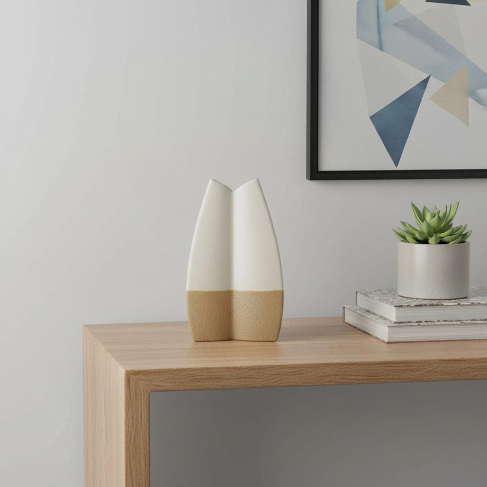 HomeRoots 16" Cream and Beige Color Block Ceramic Vase - Modern Artisanal Design for Stylish Home Decor 608372