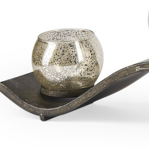 HomeRoots 7" Silver Distressed Metal & Glass Hurricane Candle Holder - Elegant Centerpiece for Any Occasion 608376