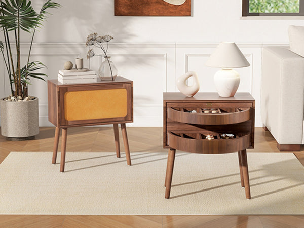 English Elm Rotating Rattan Nightstand Push Open Hidden Storage Mid Century Wood Leg Bedside Walnut N761P288451N