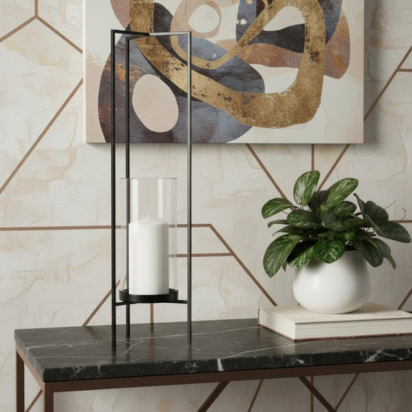 HomeRoots 30" Gray Abstract Metal Hurricane Candle Holder – Handcrafted Artistry for Modern Home Décor Elegance 608386