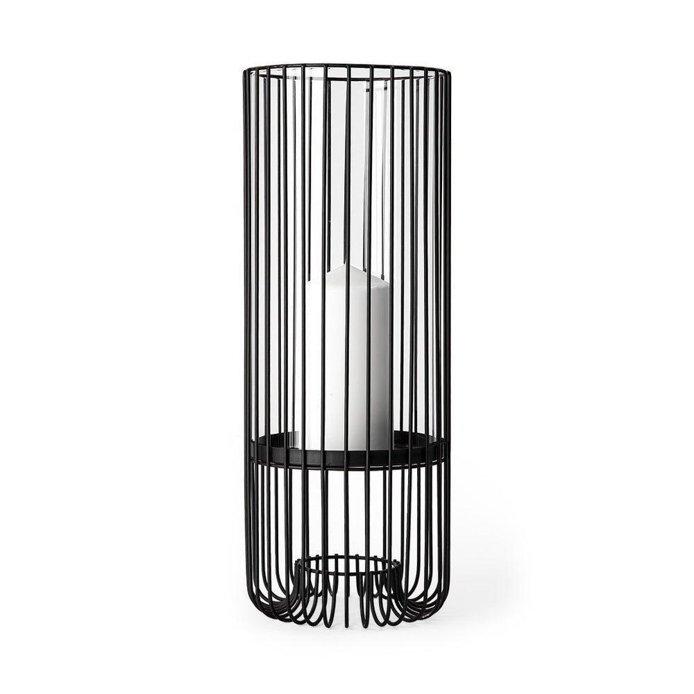 HomeRoots 17" Black Abstract Metal and Glass Hurricane Candle Holder - Elegant Centerpiece for Any Occasion 608394