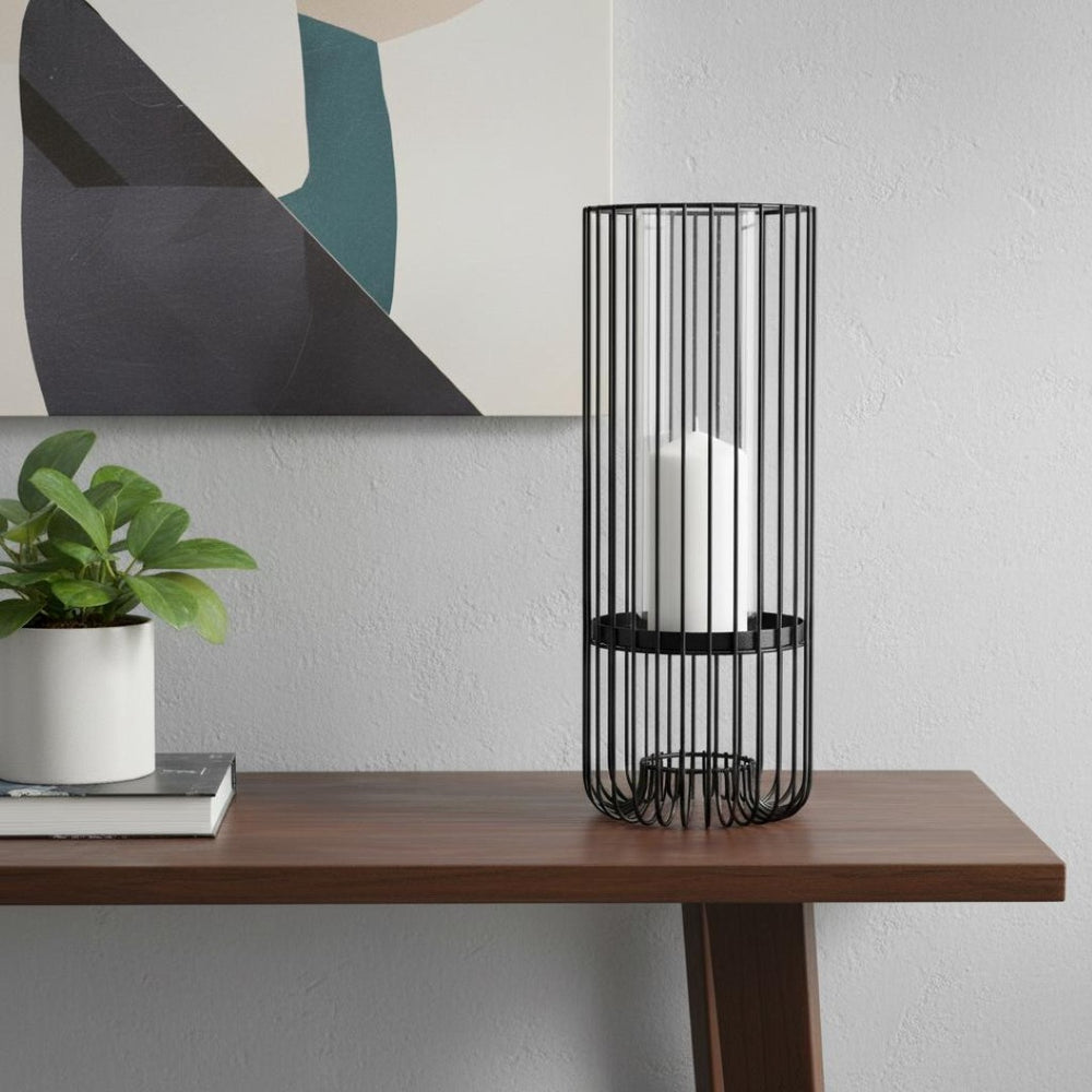 HomeRoots 17" Black Abstract Metal and Glass Hurricane Candle Holder - Elegant Centerpiece for Any Occasion 608394