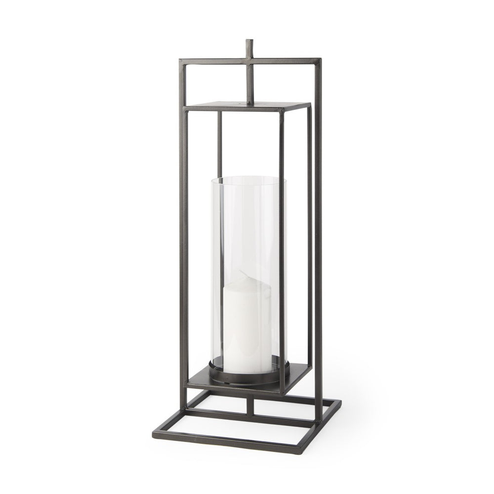 HomeRoots 24" Black Geometric Metal Tabletop Lantern - Stylish Candle Holder for Modern Décor & Events 608401
