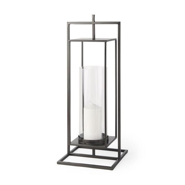 HomeRoots 24" Black Geometric Metal Tabletop Lantern - Stylish Candle Holder for Modern Décor & Events 608401